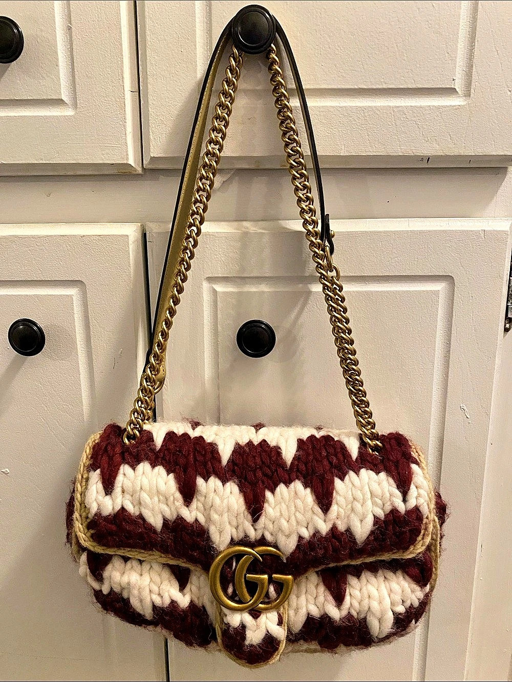 Gucci GG Marmont Small Houndstooth Shoulder Bag Burgundy & White